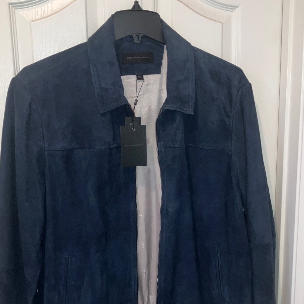 John Varvatos Midnight Blue Suede Bomber Jacket.. XXL with tags—never worn .